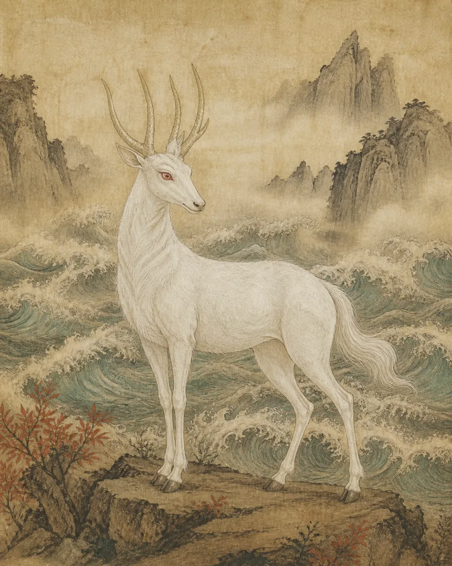 夫诸：生有四角的白鹿，立于山水之间